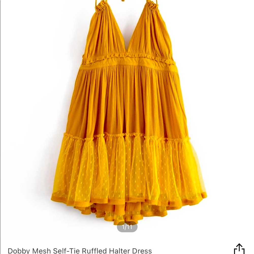 Mesh self-tie halter dress (yellow/mustard)